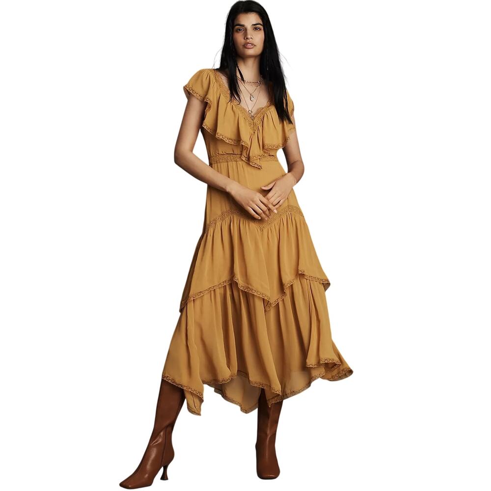 NWT Anthropologie Ruffle Tiered Cap Sleeve Lace Trim Fairy Hem Midi Dress XS